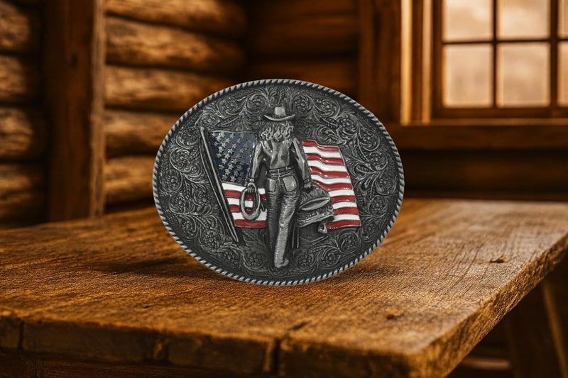 Handmade Western Cowgirl Belt Buckle American West Cow Girl USA Flag - Image 3